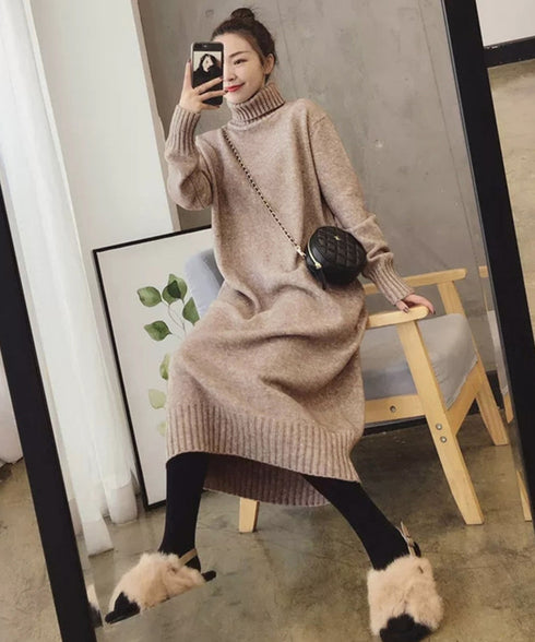 ハイネックニットワンピースゆったり秋冬服 レディース タートルネックロングワンピース こなれ感 着回し厚手インナーワンピース エレガントセーターワンピ 無地暖かい 84MEIRJ-023