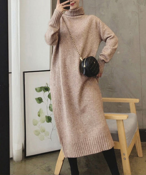 ハイネックニットワンピースゆったり秋冬服 レディース タートルネックロングワンピース こなれ感 着回し厚手インナーワンピース エレガントセーターワンピ 無地暖かい 84MEIRJ-023