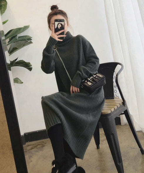 ハイネックニットワンピースゆったり秋冬服 レディース タートルネックロングワンピース こなれ感 着回し厚手インナーワンピース エレガントセーターワンピ 無地暖かい 84MEIRJ-023