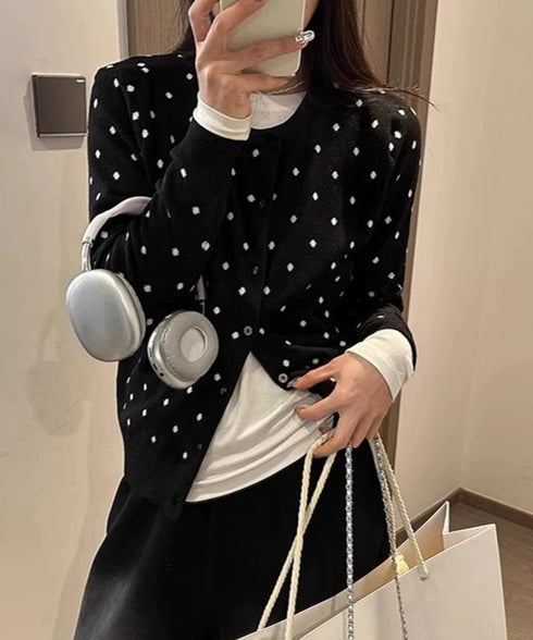 ドット柄クルーネックニットカーディガン秋 レディース レトロ 水玉柄トップス 長袖羽織り 大人可愛い丸首ニット春服秋服冬服 きれいめカジュアルニットアウター韓国風 84MEIRJ-024