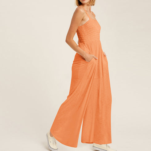 オールインワン タンクトップサロペット レディース バストシャーリング サスペンダーパンツ ハイウエスト 体型カバー オーバーオール 大人可愛い ロングパンツ夏 84MIDUO-001