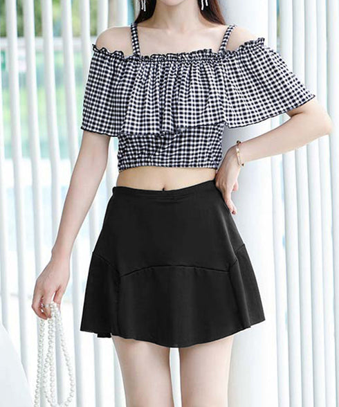 水着 オフショルダーチェック柄水着韓国風 ギンガムチェック セパレート水着 レディース 露出控えめ ハイウエスト パンツ付きミニスカート 2点セット水着大人可愛い 84MOSH-001