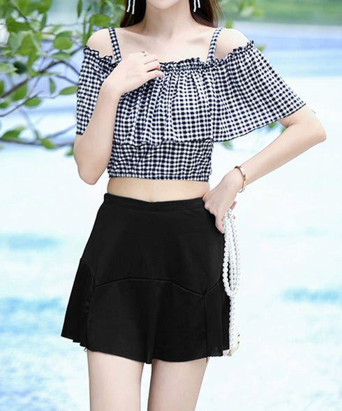 水着 オフショルダーチェック柄水着韓国風 ギンガムチェック セパレート水着 レディース 露出控えめ ハイウエスト パンツ付きミニスカート 2点セット水着大人可愛い 84MOSH-001