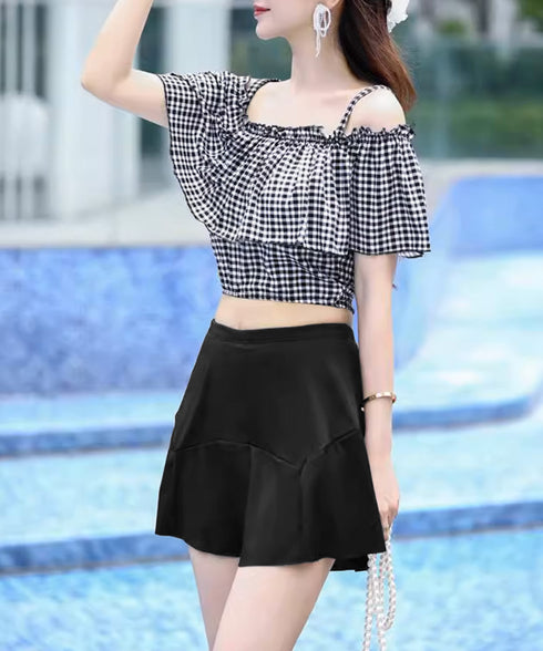 水着 オフショルダーチェック柄水着韓国風 ギンガムチェック セパレート水着 レディース 露出控えめ ハイウエスト パンツ付きミニスカート 2点セット水着大人可愛い 84MOSH-001