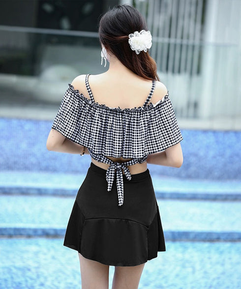 水着 オフショルダーチェック柄水着韓国風 ギンガムチェック セパレート水着 レディース 露出控えめ ハイウエスト パンツ付きミニスカート 2点セット水着大人可愛い 84MOSH-001