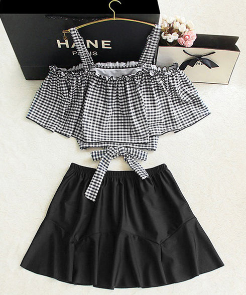 水着 オフショルダーチェック柄水着韓国風 ギンガムチェック セパレート水着 レディース 露出控えめ ハイウエスト パンツ付きミニスカート 2点セット水着大人可愛い 84MOSH-001