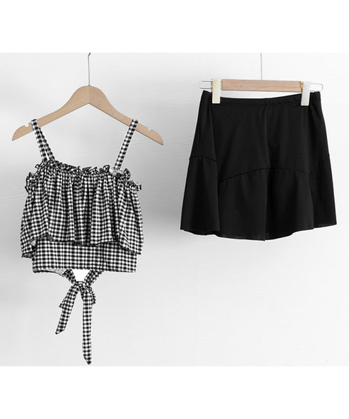 水着 オフショルダーチェック柄水着韓国風 ギンガムチェック セパレート水着 レディース 露出控えめ ハイウエスト パンツ付きミニスカート 2点セット水着大人可愛い 84MOSH-001