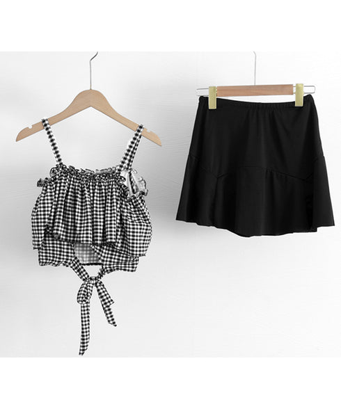 水着 オフショルダーチェック柄水着韓国風 ギンガムチェック セパレート水着 レディース 露出控えめ ハイウエスト パンツ付きミニスカート 2点セット水着大人可愛い 84MOSH-001