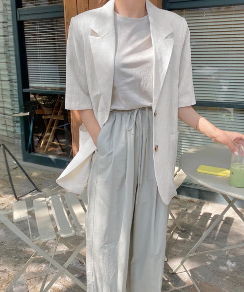 麻混風テーラードジャケットレディース夏服 ゆったり リネンサマージャケット体型カバー 薄手ジャケット着やせ オフィスカジュアル ナチュラルジャケットライトアウター 84QIANSHUO-001