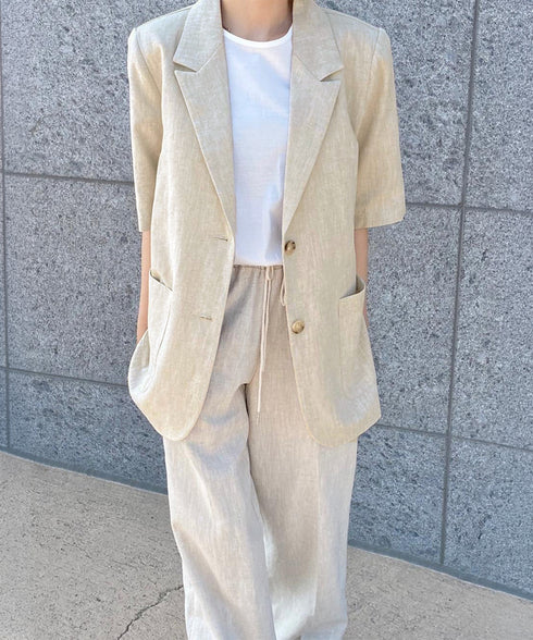 麻混風テーラードジャケットレディース夏服 ゆったり リネンサマージャケット体型カバー 薄手ジャケット着やせ オフィスカジュアル ナチュラルジャケットライトアウター 84QIANSHUO-001