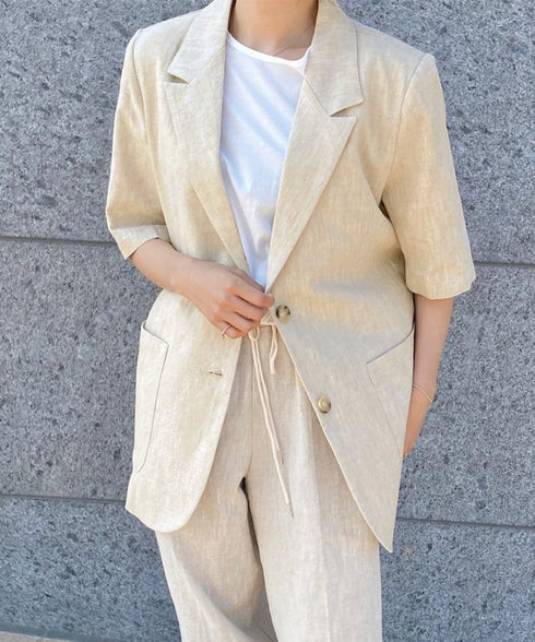 麻混風テーラードジャケットレディース夏服 ゆったり リネンサマージャケット体型カバー 薄手ジャケット着やせ オフィスカジュアル ナチュラルジャケットライトアウター 84QIANSHUO-001