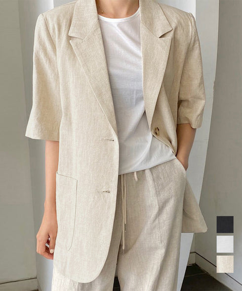 麻混風テーラードジャケットレディース夏服 ゆったり リネンサマージャケット体型カバー 薄手ジャケット着やせ オフィスカジュアル ナチュラルジャケットライトアウター 84QIANSHUO-001
