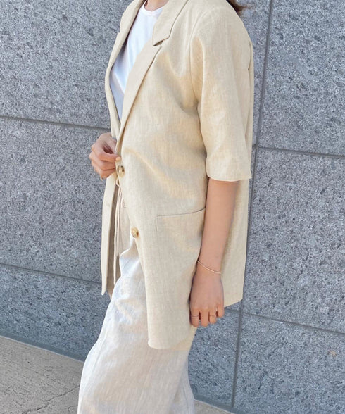 麻混風テーラードジャケットレディース夏服 ゆったり リネンサマージャケット体型カバー 薄手ジャケット着やせ オフィスカジュアル ナチュラルジャケットライトアウター 84QIANSHUO-001