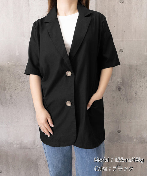 麻混風テーラードジャケットレディース夏服 ゆったり リネンサマージャケット体型カバー 薄手ジャケット着やせ オフィスカジュアル ナチュラルジャケットライトアウター 84QIANSHUO-001