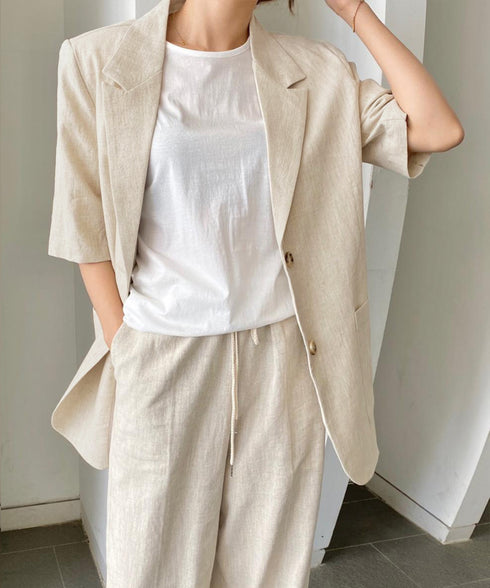 麻混風テーラードジャケットレディース夏服 ゆったり リネンサマージャケット体型カバー 薄手ジャケット着やせ オフィスカジュアル ナチュラルジャケットライトアウター 84QIANSHUO-001