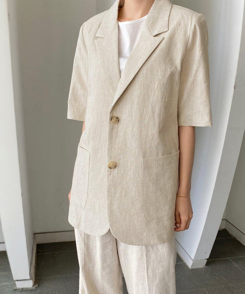 麻混風テーラードジャケットレディース夏服 ゆったり リネンサマージャケット体型カバー 薄手ジャケット着やせ オフィスカジュアル ナチュラルジャケットライトアウター 84QIANSHUO-001