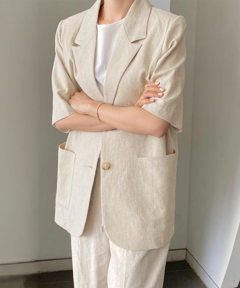 麻混風テーラードジャケットレディース夏服 ゆったり リネンサマージャケット体型カバー 薄手ジャケット着やせ オフィスカジュアル ナチュラルジャケットライトアウター 84QIANSHUO-001