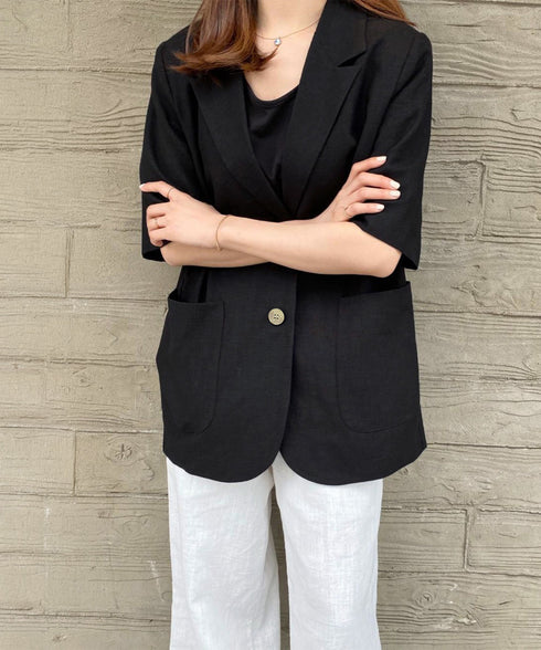 麻混風テーラードジャケットレディース夏服 ゆったり リネンサマージャケット体型カバー 薄手ジャケット着やせ オフィスカジュアル ナチュラルジャケットライトアウター 84QIANSHUO-001