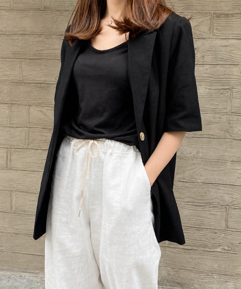 麻混風テーラードジャケットレディース夏服 ゆったり リネンサマージャケット体型カバー 薄手ジャケット着やせ オフィスカジュアル ナチュラルジャケットライトアウター 84QIANSHUO-001