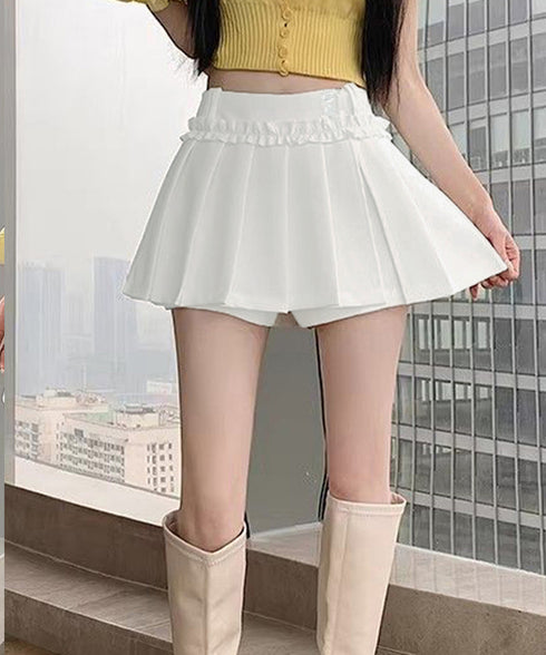 フリルスカパンプリーツキュロットスカート レディース ハイウエストミニ丈スカート着やせ インナーパンツ付きJKスカート制服風 チラ見せ防止Aラインスカパン美尻美脚 84QITU-001