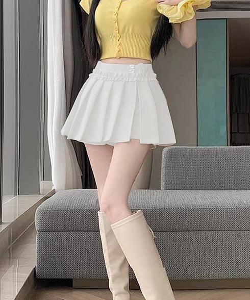 フリルスカパンプリーツキュロットスカート レディース ハイウエストミニ丈スカート着やせ インナーパンツ付きJKスカート制服風 チラ見せ防止Aラインスカパン美尻美脚 84QITU-001