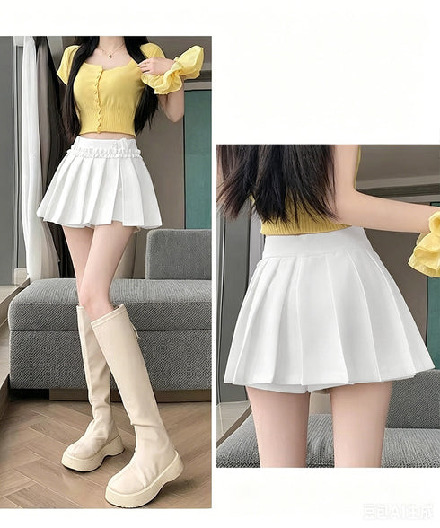 フリルスカパンプリーツキュロットスカート レディース ハイウエストミニ丈スカート着やせ インナーパンツ付きJKスカート制服風 チラ見せ防止Aラインスカパン美尻美脚 84QITU-001