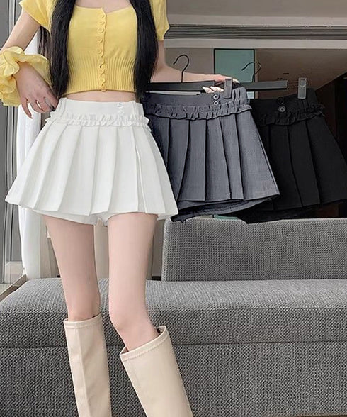 フリルスカパンプリーツキュロットスカート レディース ハイウエストミニ丈スカート着やせ インナーパンツ付きJKスカート制服風 チラ見せ防止Aラインスカパン美尻美脚 84QITU-001