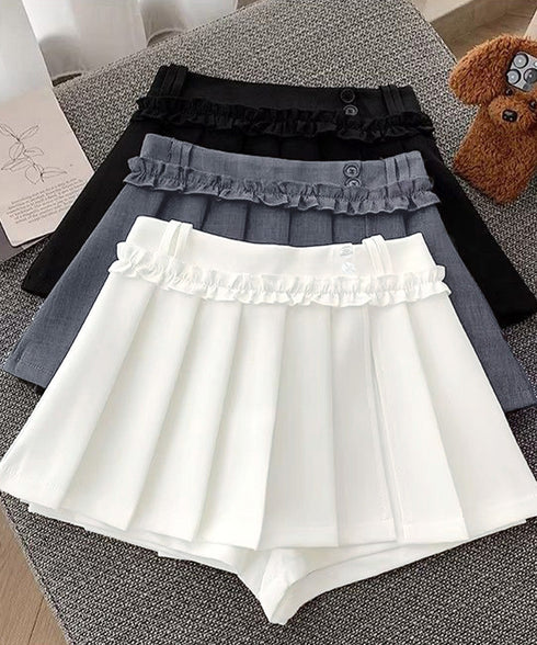 フリルスカパンプリーツキュロットスカート レディース ハイウエストミニ丈スカート着やせ インナーパンツ付きJKスカート制服風 チラ見せ防止Aラインスカパン美尻美脚 84QITU-001