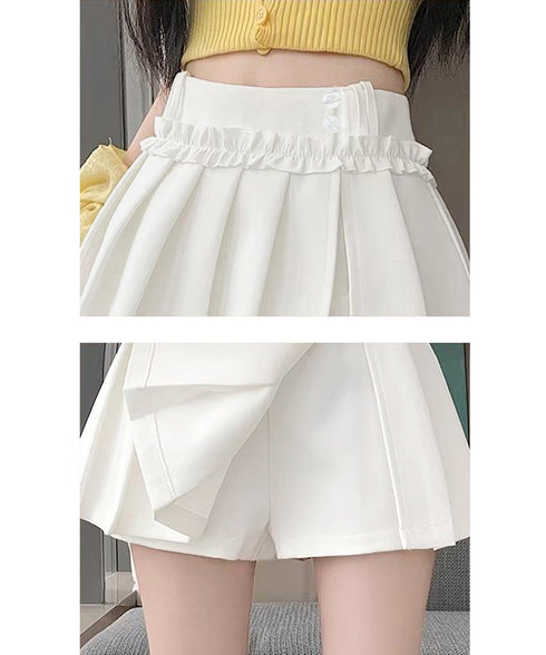 フリルスカパンプリーツキュロットスカート レディース ハイウエストミニ丈スカート着やせ インナーパンツ付きJKスカート制服風 チラ見せ防止Aラインスカパン美尻美脚 84QITU-001