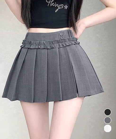 フリルスカパンプリーツキュロットスカート レディース ハイウエストミニ丈スカート着やせ インナーパンツ付きJKスカート制服風 チラ見せ防止Aラインスカパン美尻美脚 84QITU-001