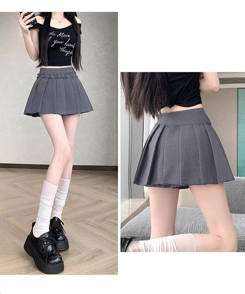 フリルスカパンプリーツキュロットスカート レディース ハイウエストミニ丈スカート着やせ インナーパンツ付きJKスカート制服風 チラ見せ防止Aラインスカパン美尻美脚 84QITU-001