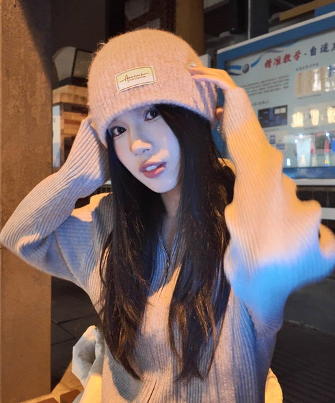 ロゴニット帽子レディース ニットキャップ おしゃれ リブニットビーニー ワンポイント秋冬帽子 防風防寒 小顔ぼうし あったか 韓国風 お出掛け防寒グッズワッチ帽子 84RUINENG-001