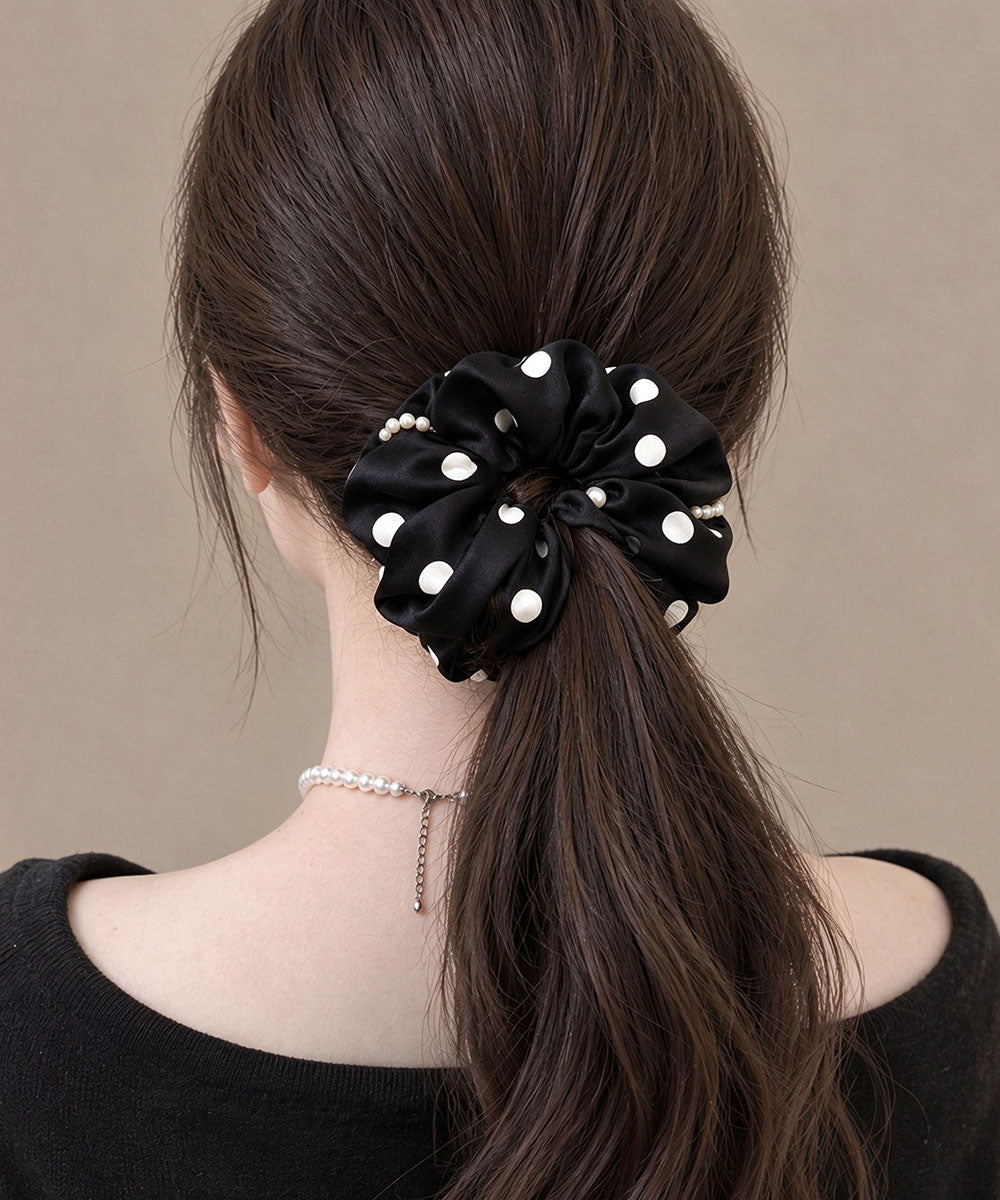 ドット柄シュシュサテンパールヘアゴム上品