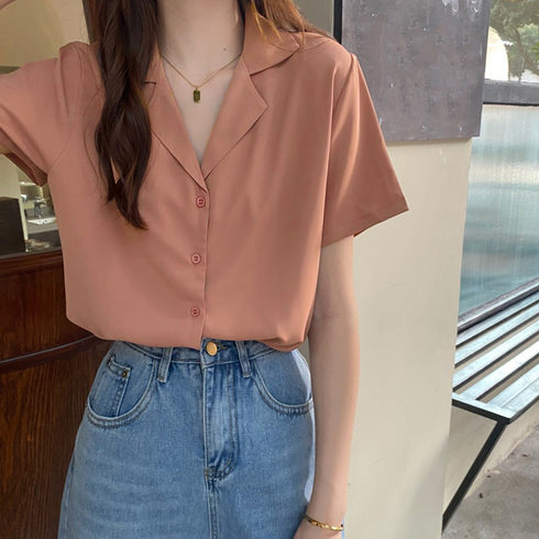 カラー開襟シャツ レディース 韓国風 オープンカラーシャツ 無地 シャツブラウス Vネック サマージャケット 薄手 半袖テーラードジャケット 羽織り 84TIANHEYT-002