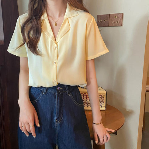 カラー開襟シャツ レディース 韓国風 オープンカラーシャツ 無地 シャツブラウス Vネック サマージャケット 薄手 半袖テーラードジャケット 羽織り 84TIANHEYT-002