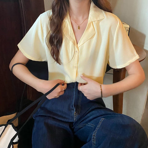 カラー開襟シャツ レディース 韓国風 オープンカラーシャツ 無地 シャツブラウス Vネック サマージャケット 薄手 半袖テーラードジャケット 羽織り 84TIANHEYT-002