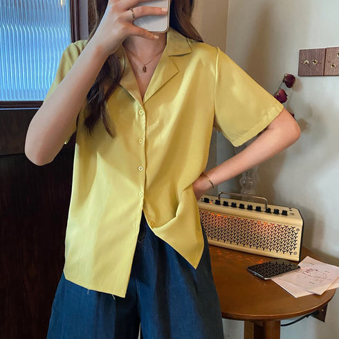 カラー開襟シャツ レディース 韓国風 オープンカラーシャツ 無地 シャツブラウス Vネック サマージャケット 薄手 半袖テーラードジャケット 羽織り 84TIANHEYT-002