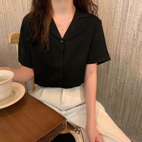 カラー開襟シャツ レディース 韓国風 オープンカラーシャツ 無地 シャツブラウス Vネック サマージャケット 薄手 半袖テーラードジャケット 羽織り 84TIANHEYT-002