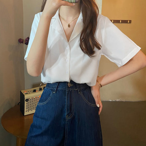 カラー開襟シャツ レディース 韓国風 オープンカラーシャツ 無地 シャツブラウス Vネック サマージャケット 薄手 半袖テーラードジャケット 羽織り 84TIANHEYT-002
