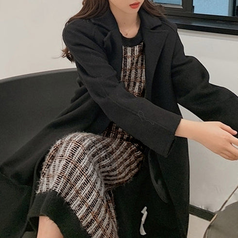 ニットワンピース 袖異素材 パフスリーブ ドッキングワンピース 長袖 レディース レイヤード風 チェック柄ワンピ オシャレ ロングワンピース 秋冬 韓国 大人 84TIANHEYT-005