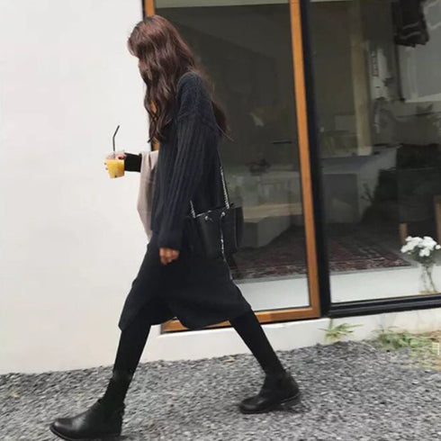 韓国風 ニット セットアップ レディース vネック 長袖 セーター ハイネック ワンピース サイド スリット 上下セット 秋冬 きれいめ カジュアル ツーピース 84TIANHEYT-010
