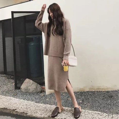 韓国風 ニット セットアップ レディース vネック 長袖 セーター ハイネック ワンピース サイド スリット 上下セット 秋冬 きれいめ カジュアル ツーピース 84TIANHEYT-010