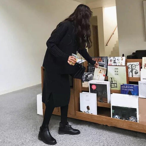 韓国風 ニット セットアップ レディース vネック 長袖 セーター ハイネック ワンピース サイド スリット 上下セット 秋冬 きれいめ カジュアル ツーピース 84TIANHEYT-010