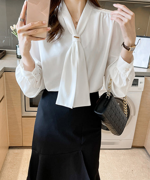 ボウタイ ブラウス レディース Vネック 韓国上品 スカーフタイブラウス オフィスカジュアル トップス 大人女性 とろみシャツ通勤長袖シャツブラウス 30代40代 84TIANHEYT-012