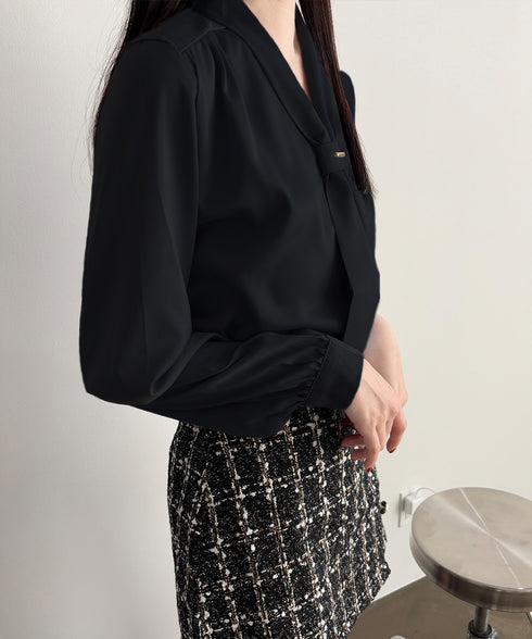 ボウタイ ブラウス レディース Vネック 韓国上品 スカーフタイブラウス オフィスカジュアル トップス 大人女性 とろみシャツ通勤長袖シャツブラウス 30代40代 84TIANHEYT-012