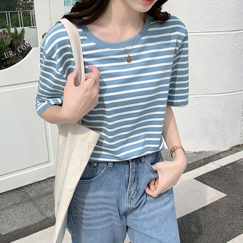 カラーボーダー Tシャツ レディース半袖 全4色 レトロ風 バイカラーtシャツ クルーネックカットソー 配色 プルオーバー 着やせ 夏トップス おしゃれカジュアル 84TIANHEYT-026