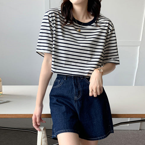 カラーボーダー Tシャツ レディース半袖 全4色 レトロ風 バイカラーtシャツ クルーネックカットソー 配色 プルオーバー 着やせ 夏トップス おしゃれカジュアル 84TIANHEYT-026