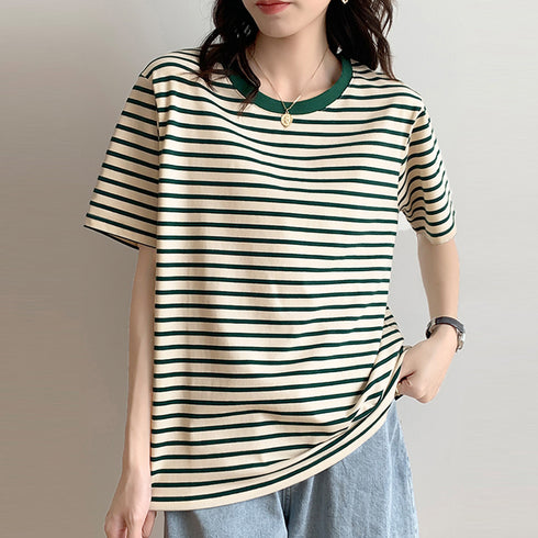 カラーボーダー Tシャツ レディース半袖 全4色 レトロ風 バイカラーtシャツ クルーネックカットソー 配色 プルオーバー 着やせ 夏トップス おしゃれカジュアル 84TIANHEYT-026