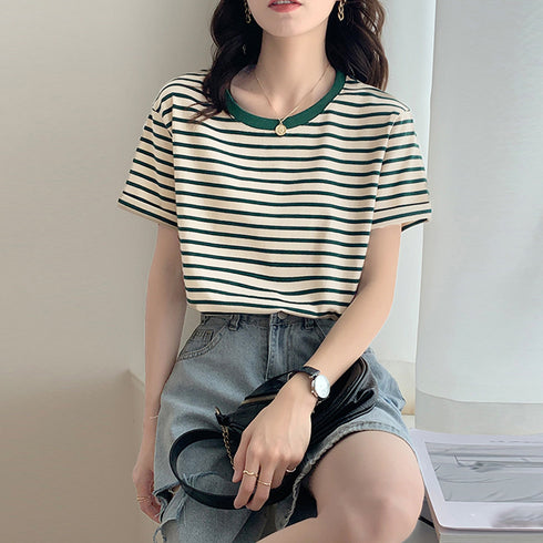 カラーボーダー Tシャツ レディース半袖 全4色 レトロ風 バイカラーtシャツ クルーネックカットソー 配色 プルオーバー 着やせ 夏トップス おしゃれカジュアル 84TIANHEYT-026