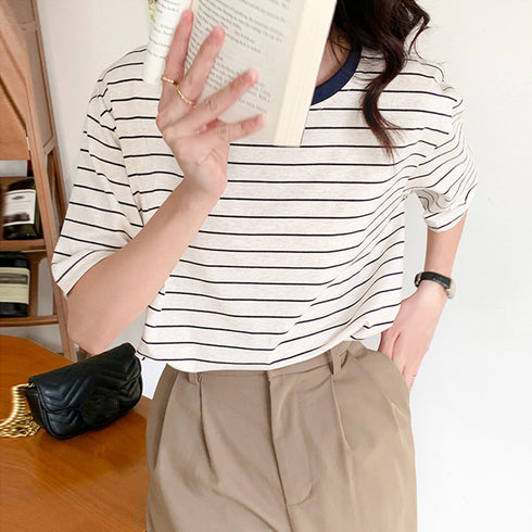 トップス ボーダー柄 tシャツ 半袖 夏 半袖tシャツ カットソー レディース ゆるTシャツ ゆったり クルーネック 夏t 定番tシャツ プルオーバー カジュアル 84TIANHEYT-028
